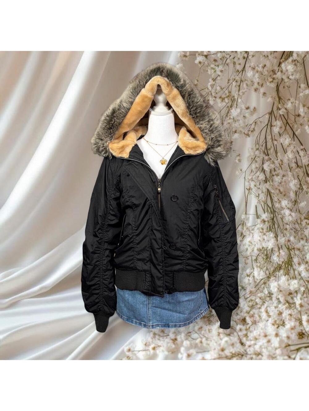 BYTELLY-HO Y2K FUR TRIM BOMBER JACKET BLACK
